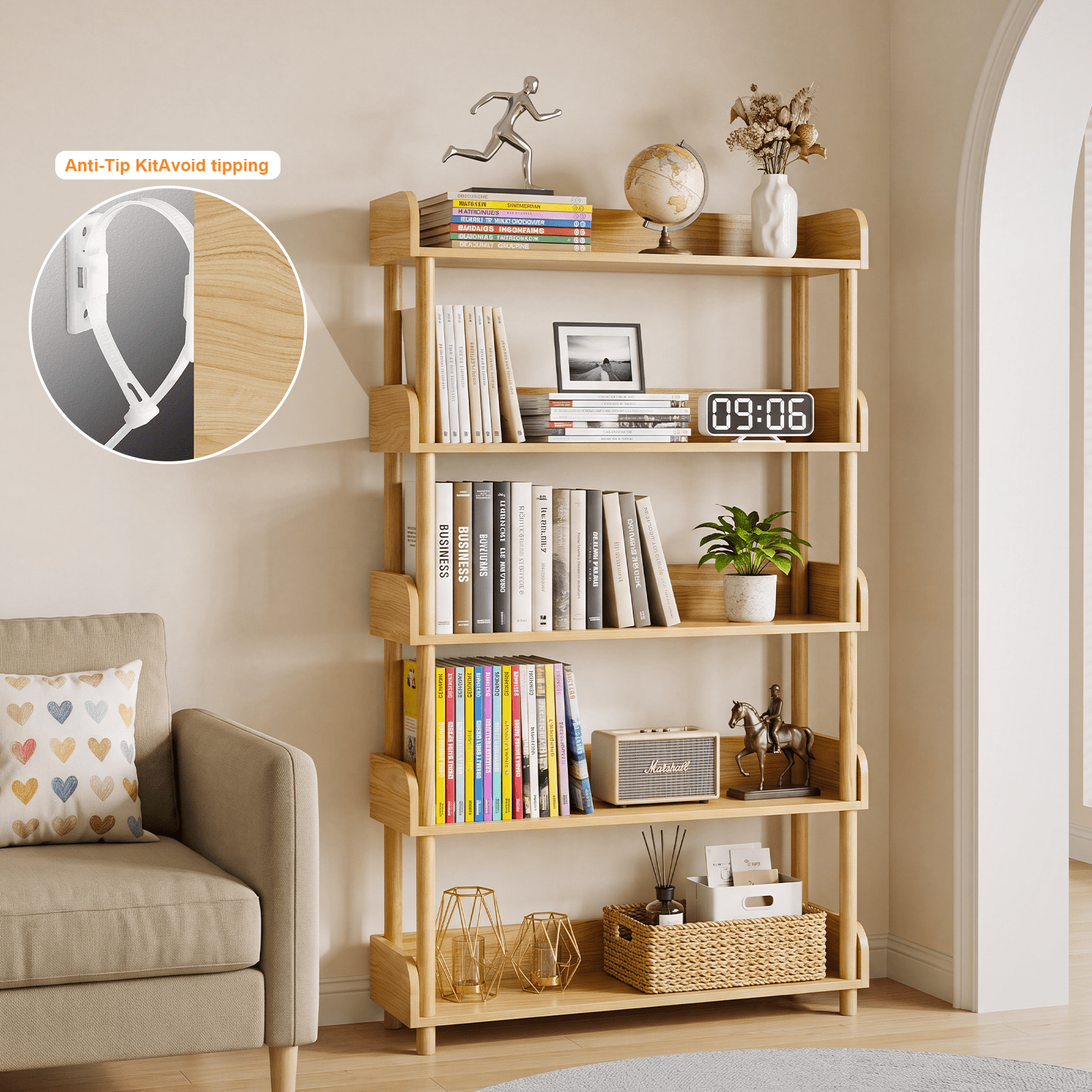 5-Tier Wood Bookshelf, Freestanding Bookshelf with Open Storage Shelves & Solid Wood Legs, Modern Display Bookshelf for Home Office, Living Room, Bedroom (wood)