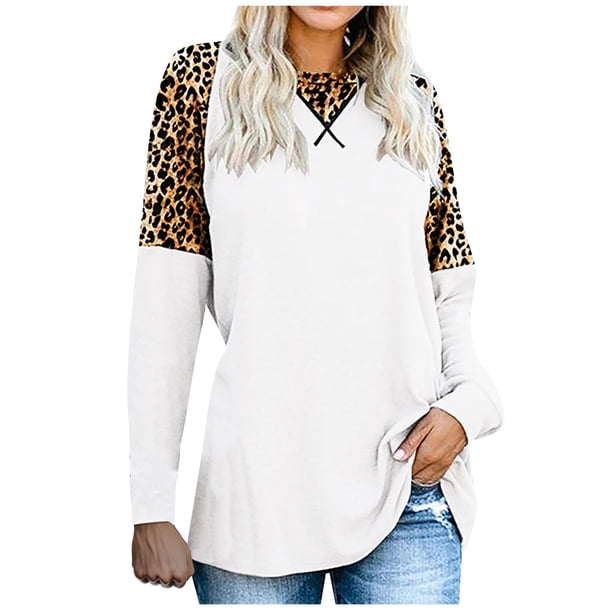 Camiseta de manga larga con cuello redondo y estampado de leopardo para mujer Fridja ghj987+1446