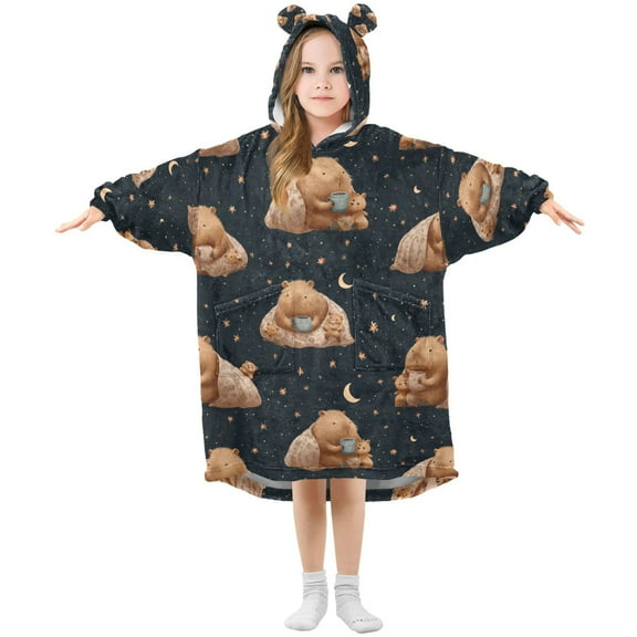 Wearable Blanket Hoodie for Capybara Sleeping on Blanket Flannel Hooded Blanket with Pockets and Sleeves Suitable