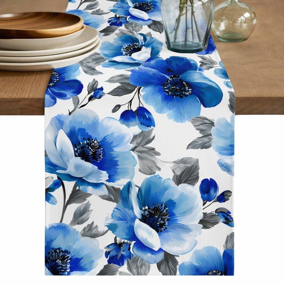 Table Runner 72 Inches Long for Kitchen Dining, Blue Flowers Dresser Scarf Farmhouse, Dining Table Decorations for Wedding/Parties, Spring Watercolor Leaves Floral Plants 14 x 72 In