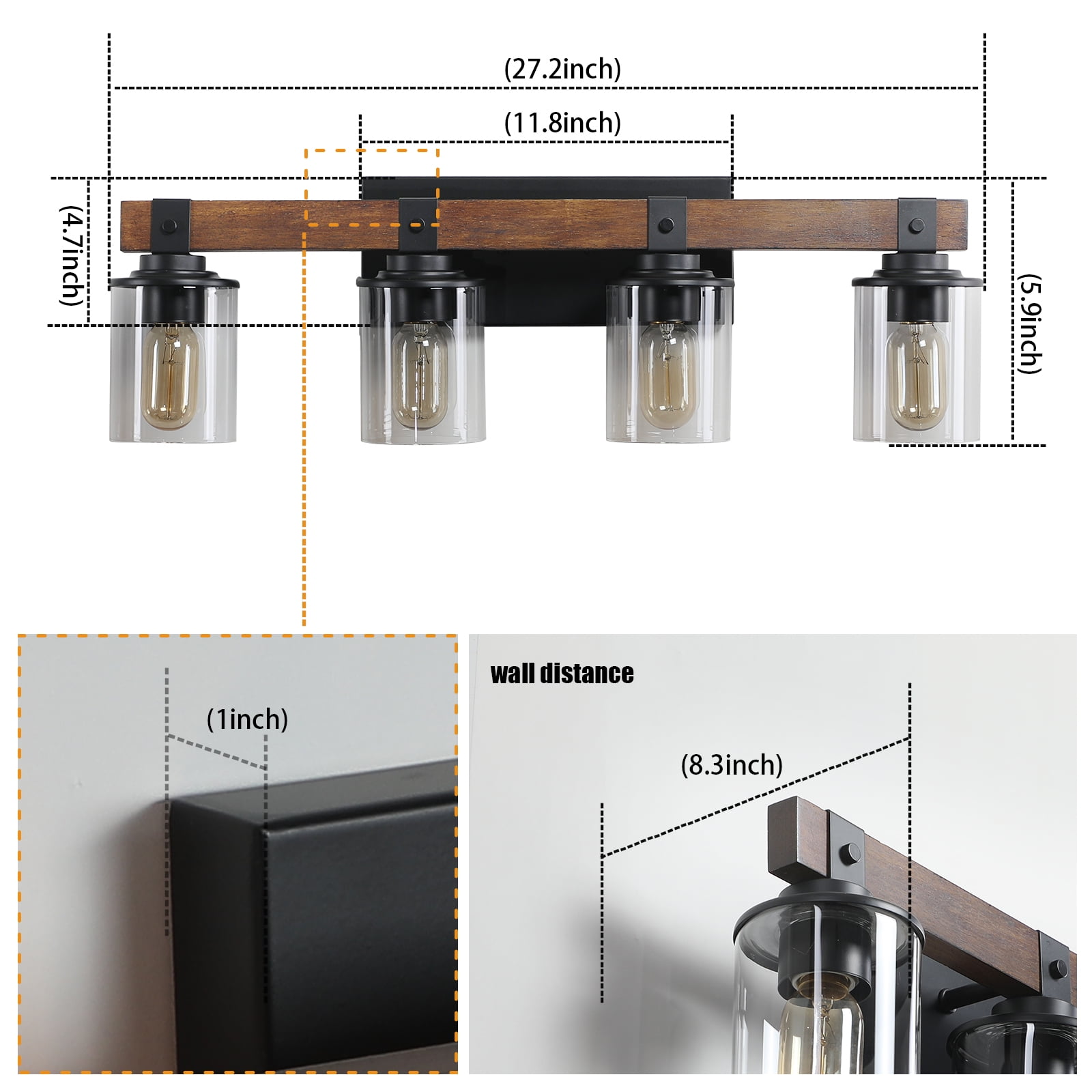 4 Lights 27.2inch Bathroom Vanity Light Fixtures , Wooden Farmhouse Vanity Lights Rustic Bathroom Lights Over Mirror with Clear Glass Shade Black Industrial Wall Sconce
