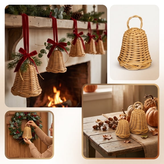 Christmas Decorations Handwoven Rattan Bells Christmas Ornaments Set Of 2 Natural Wicker Hanging Decor For Tree Fireplace