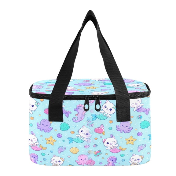 6L Insulated Lunch Bag Square Handheld Cooler Tote Mermaid Cat Sea Pattern Reusable Thermal Bag with Polyester & Aluminum Lining for Work Picnic Travel