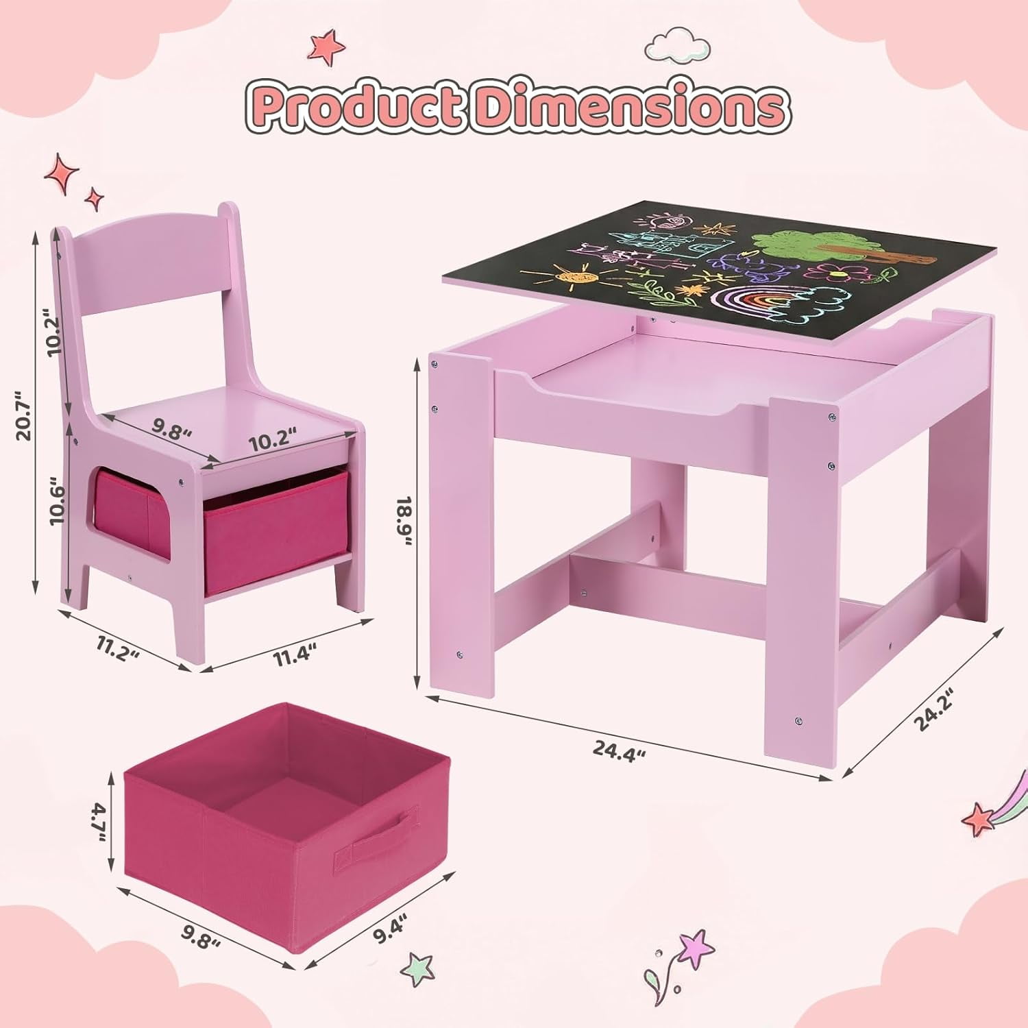 Pirecart Kids Table and 2 Chairs Set Wooden Activity Table and Chair Set with Blackboard & Storage Drawer, Pink