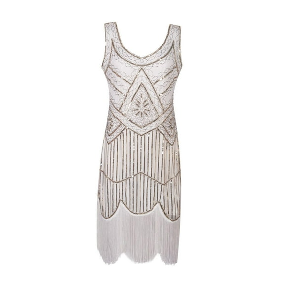 Qiopertar 1920s Vintage Sequin Dress for Women Retro Fringe Cocktail Party Short Dress Sleeveless V Neck Elegant Evening Gown, White M