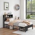 thumbnail image 4 of win Size Bed Frame with Storage Headboard, Metal Platform Bed with Charging Station, Bookcase Storage, No Box Spring Needed, Easy Assembly, Black, 4 of 21