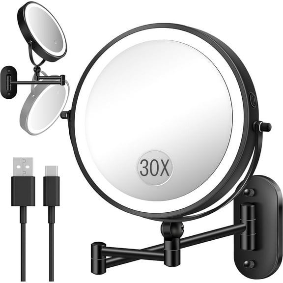 30X/1X Wall Mounted Lighted Makeup Mirror, 9'' Height Adjustable Double Sided 5000mAh Rechargeable Magnifying Bathroom Mirror with Light, 3 Color Modes Touch Dimmable Extended Arm 360 Rotation