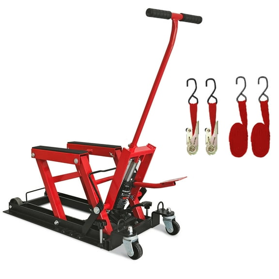 Red Hydraulic Motorcycle Lift Jack with 1500 LBS Capacity, Portable Design for ATV and UTV Maintenance