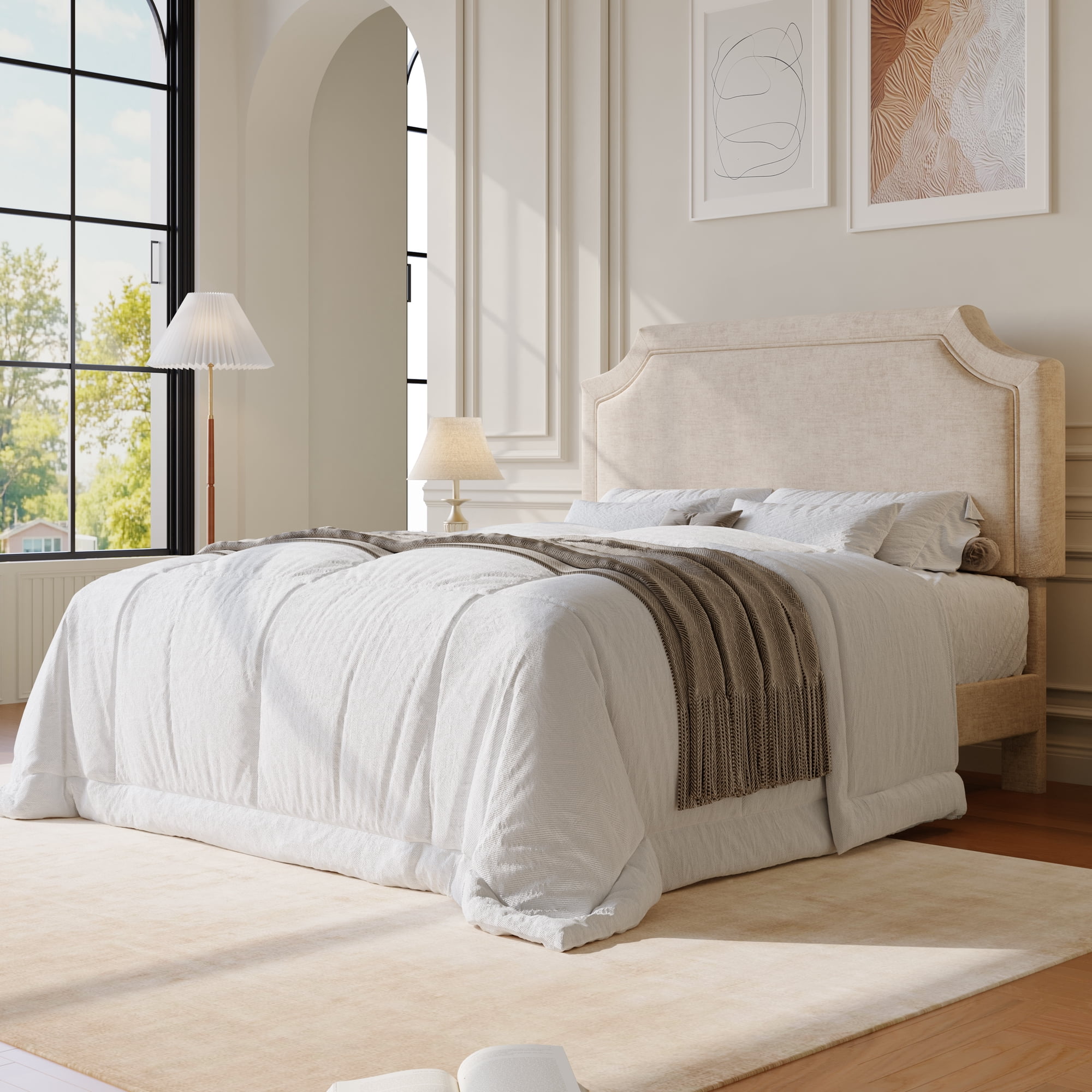 Amolife Queen Bed Frame, Upholstered Platform Bed with Streamlined Adjustable Headboard, No Box Spring Required, Beige, Chenille Fabric