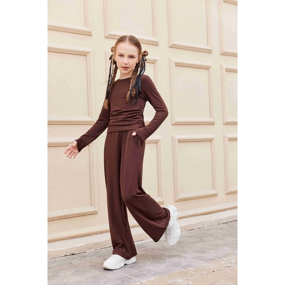Arshiner Girls 2 Piece Set Fall Outfits Lounge Sets Ruched Long Sleeve Top Wide Leg Pants Sweatsuit Clothing Set