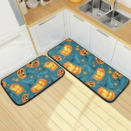 

Bestwell Pumpkin Witches Hat Kitchen Rugs 2 Pieces Halloween Stars Floor Mat Room Area Rug Washable Carpet Perfect for Living Room Bedroom Entryway