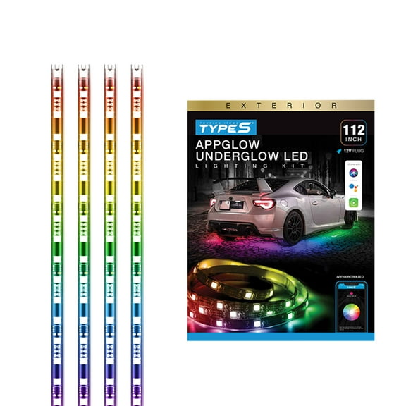 TYPE S - AppGlow Multicolor Underglow LED Kit, CarPlay Compatible, Siri & Hey Google Voice-Control, Bluetooth, Custom RGB Lighting Presets, Control Zones, 112 Inches