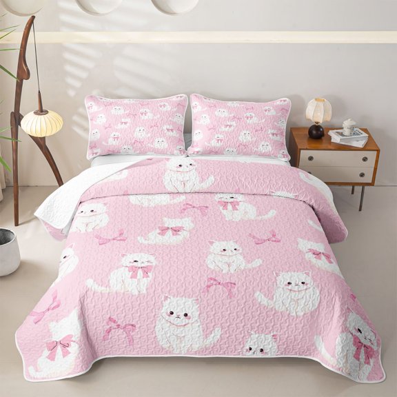 Erosebridal Cute Cat Twin Quilt Set for Girls, Kawaii Bowknot Twin Coverlet Set, 2-Piece 1 Quilt and 1 Pillowcase