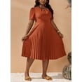 thumbnail image 5 of Plus Size Women's Solid Color Short Puff Sleeve Pleated Hem Dress Coffee Brown Casual Dress, 5 of 13