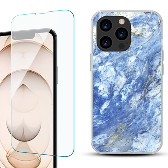 Slim-Fit Anti-Scratch Gel TPU Phone Case for iPhone 13 Pro, with Tempered Glass Screen Protector, by OneToughShield ® - Marble / Gem Blue