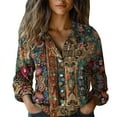 thumbnail image 2 of Women Cotton Shirt Printed Fashion Button Down Shirts Casual Tops Long Sleeve Blouse Brown, 2 of 7