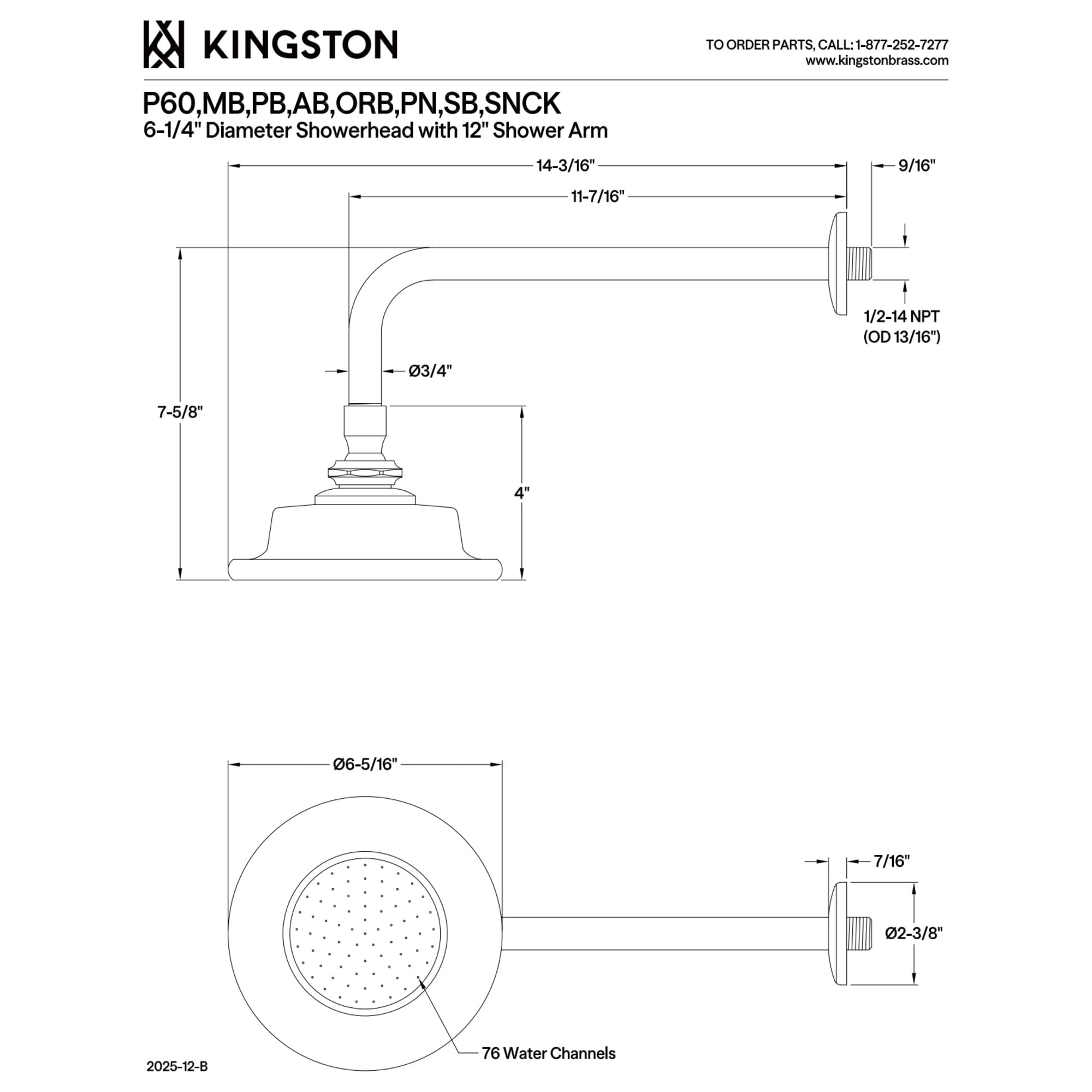 Kingston Brass P60SBCK Victorian 6-5/16-Inch Sunflower Raindrop Ceramic Shower Head with 12-Inch Shower Arm in Brushed Brass
