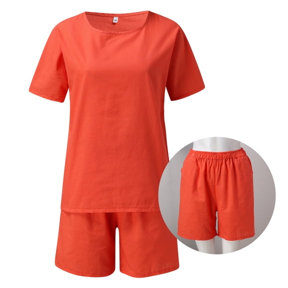 dmqupv Summer Cover Ladies Loose Casual Round Neck Solid Color Cotton Linen Two Piece Shorts Suit plus Size Cover Women Brown X-Large