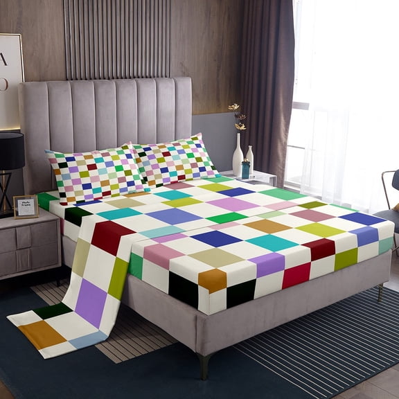 Erosebridal Vintage Checkered Bed Sheets Set Twin Size, Square Geometric Bed Sheets Twin, Buffalo Check Decor