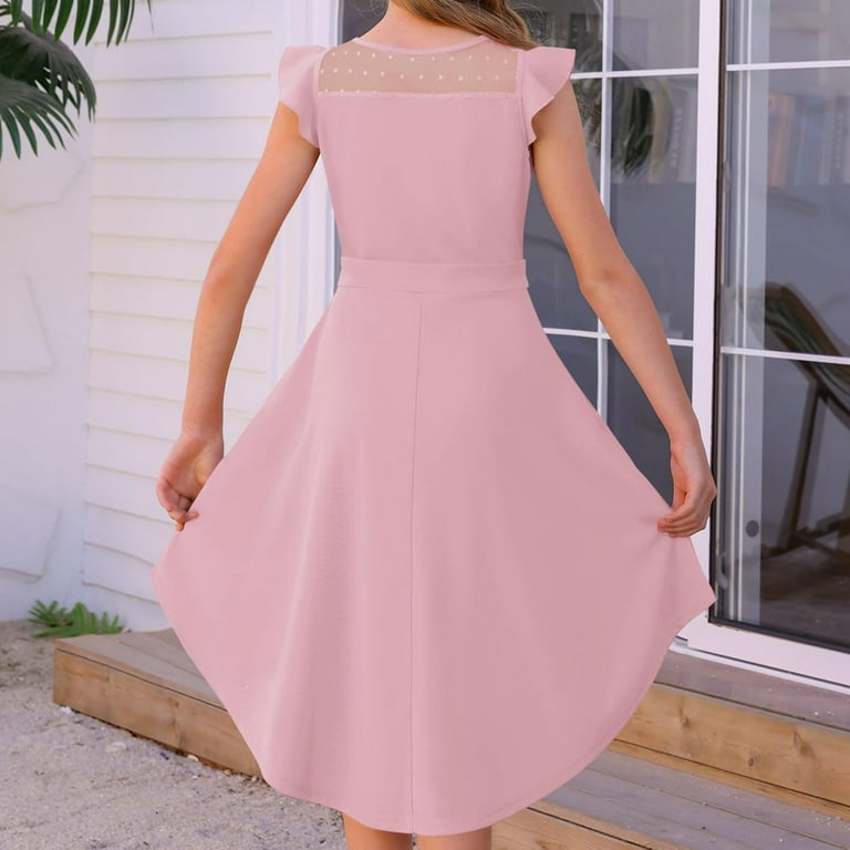Xyxonk Girls Dresses Summer Casual Wedding Dresses Ruffle Sleeve Mesh A  Line Dress with Pockets Belted Solid Color dress 5-14 Years Pink
