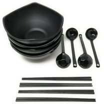 TJ Global 56 Ounce Large Melamine Japanese Ramen Noodle Soup Bowl Set Hard Plastic Dishware for Udon Soba Pho Asian Noodles - 8.27" x 4.72", Comes with chopsticks and spoons (4 Sets)