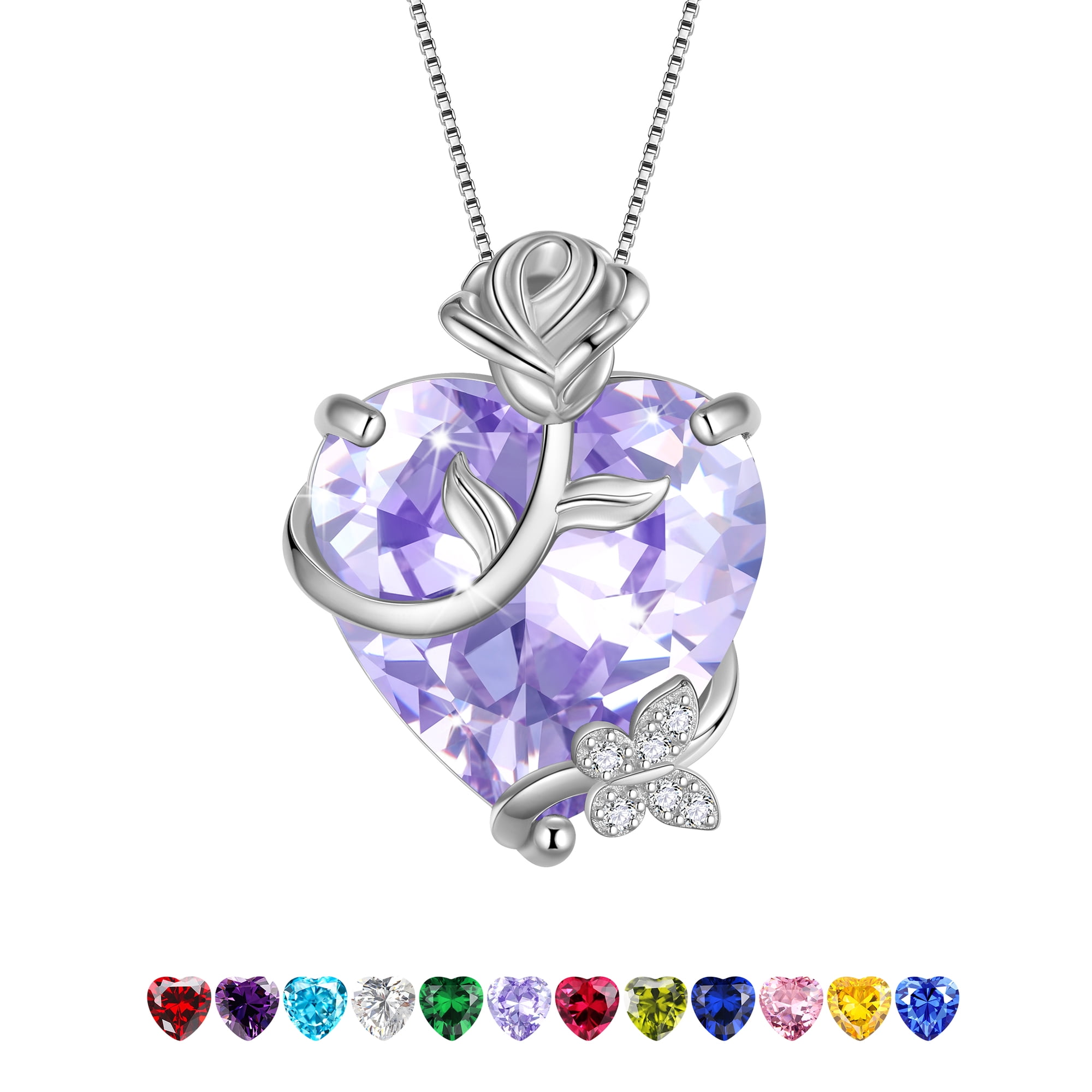 Juwaliy 15MM Women Rose Heart Necklace June Birthstone 925 Sterling Silver Flower Butterfly Pendant Purple Alexandrite Jewelry Mom Birthday Gift