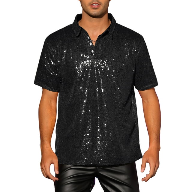 INSPIRE CHIC Polo de lentejuelas para hombres, camisetas brillantes de manga corta para fiestas en clubes, golf, color negro