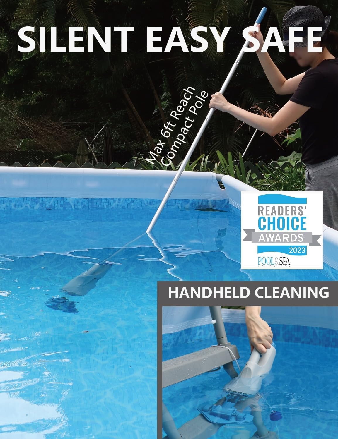 Cordless Handheld Pool Vacuum for Above Ground Pool, with 6ft Pole and 2 Vac Brush Heads, Ideal for Spot Cleaning Small Inground Pool Spa up to 20ft, Rechargeable, 60min, Sand and Light Debris