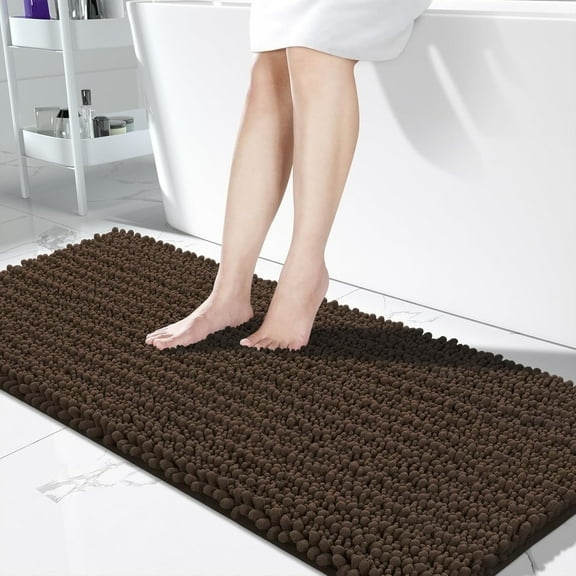 Bathroom Runner Rug 60x24 Inch - Extra Long Non Slip Chenille Bath Mat, Soft & Absorbent, Machine Washable Shaggy Hallway Carpet for Vanity Tub Shower, Brown Home Decor Accessories