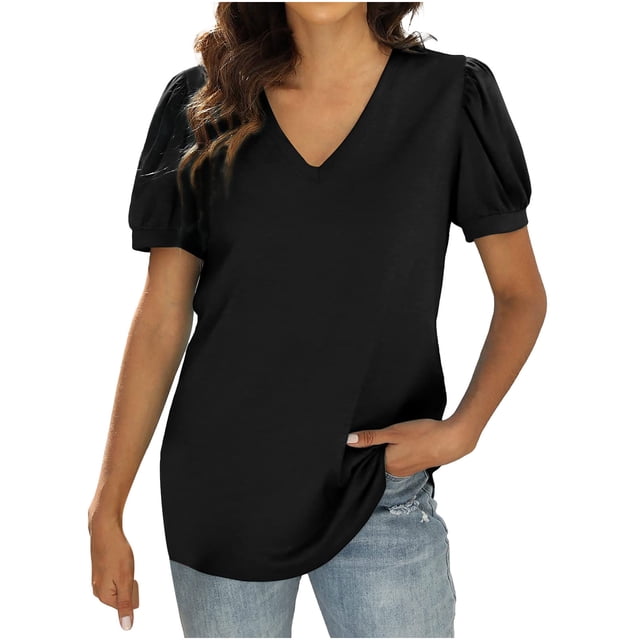 Mujeres damas sólido manga corta con cuello en V pulóver gasa Tops camisas blusa Fridja bn6128