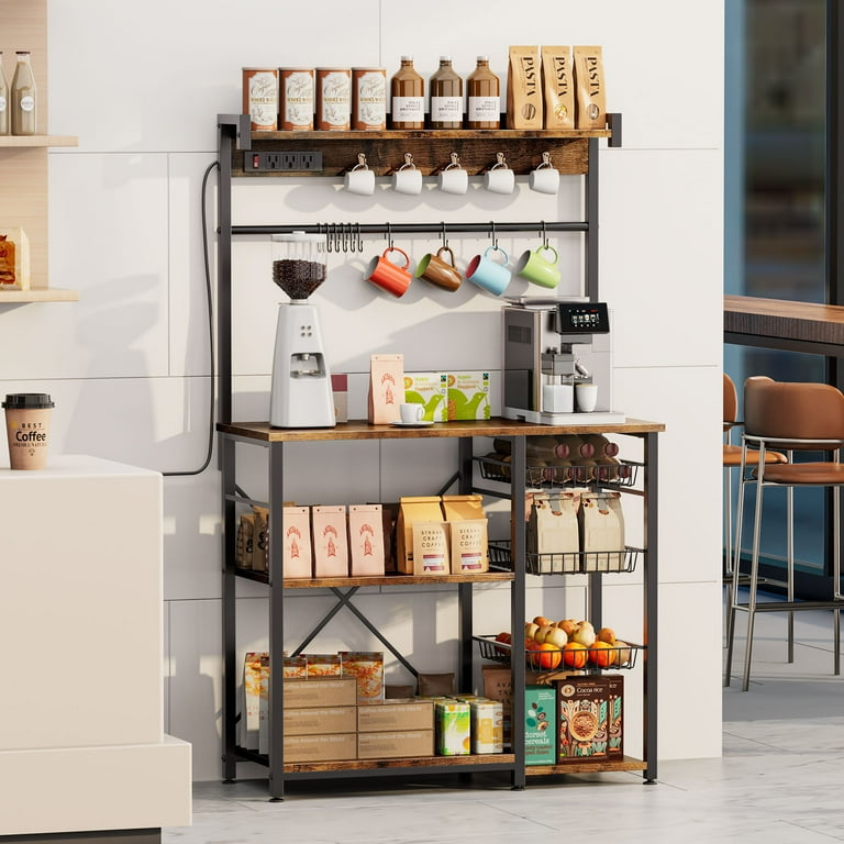 Biemlerfn 39.8 Wide Large Bakers Rack with Power Outlets 5 Tiers Coffee Bar Table with 3 Wire Basket 15 Hooks Microwave Stand Kitchen Storage