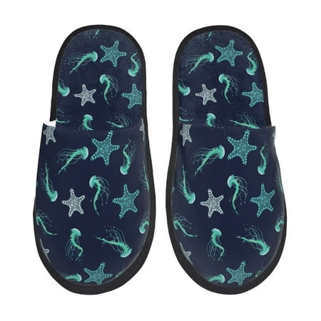 Balery Ice Blue Starfish and Jellyfish Slient Indoor Furry Fleece Comfort House Shoes Soft Non-Slip Home Shoes Cotton slippers House Slippers-- Medium