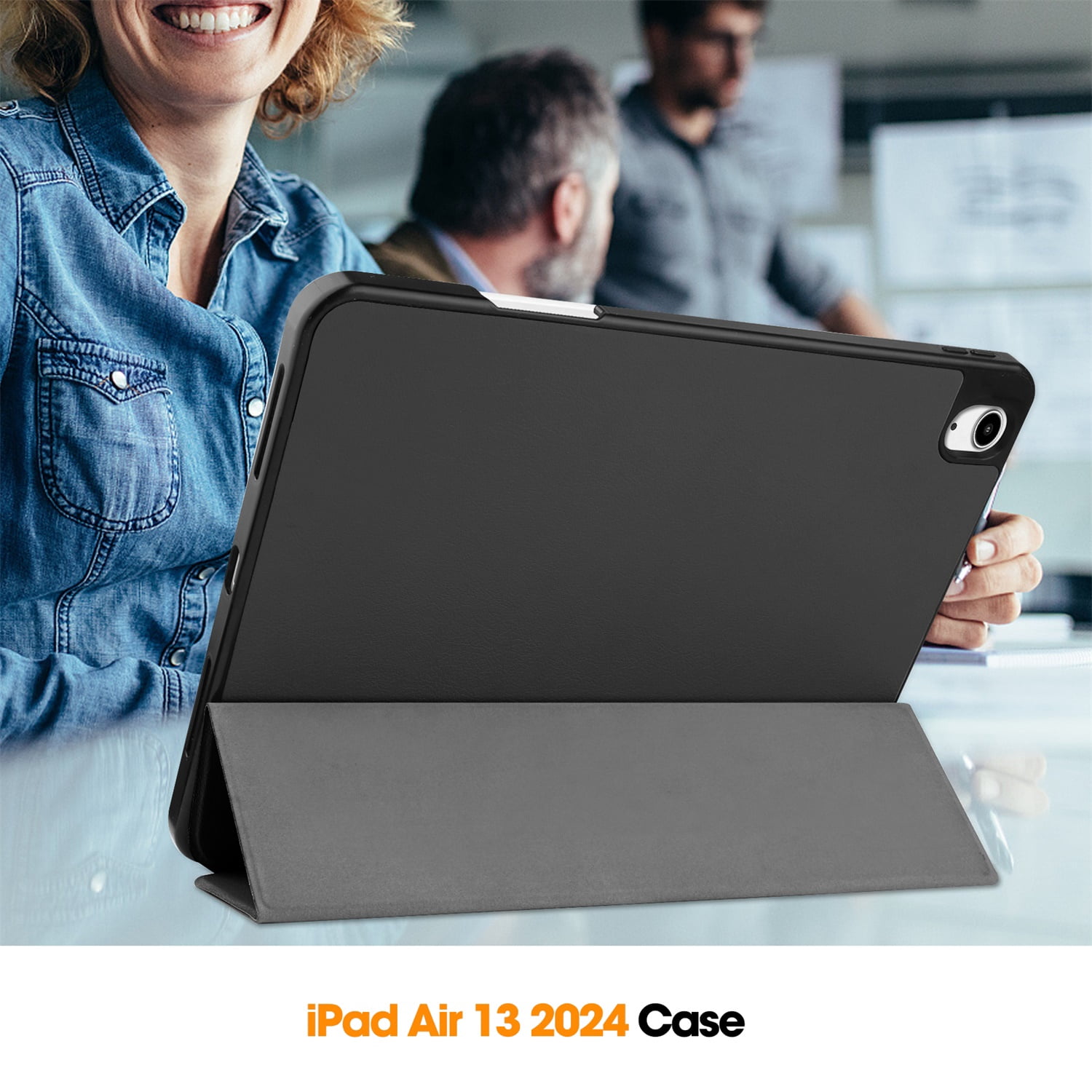 SaniMore for Apple iPad Air 13 (2024) Case, Auto Sleep/Wake, PU Leather Case with Tri-Fold Kickstand & Pencil Holder Shockproof Protective Cover for Women Men, Black