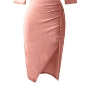 Aofany Maxi Dresses for Women,Wedding Guest Dresses Summer Solid One-Shoulder Pleated Split Fork Dress Party Dress Rose Gold M
