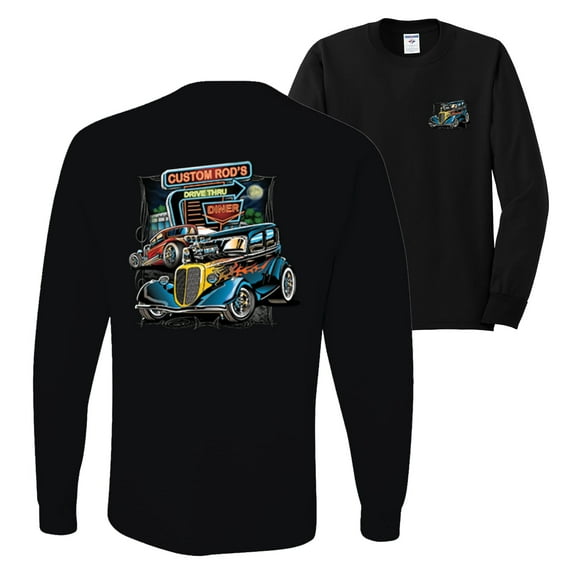 Wild Bobby,Hot Custom Rods Drive Thru Diner Cars and Trucks Front and Back Mens Long Sleeve Shirt, Black, Small