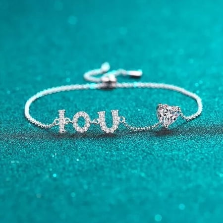 Women's LOVE Chain Bolo Bracelet with Round Cubic Zirconia Diamond, 18k White Gold Plated Sterling Silver, Adjustable Jewelry
