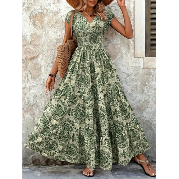 MORTTIC Women's V-Neck Long Sleeve Maxi Dress, Summer Resort Wear with Fashion Prints and Flowy Big Hem Beach Dresses