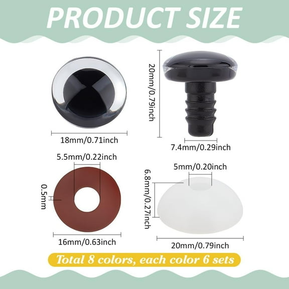 48pcs 18mm Glitter Safety Eyes 8 Colors Crochet Safty Eyes Amigurumi Eyes Half Round Plastic Safety Eyes for Amigurumi Crochet Stuffed Animals Bear Puppet Crafts