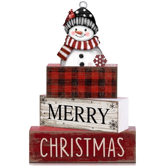 4 Pcs Christmas Decoration Table Wooden Snowman Decor Christmas Tiered Tray Decor Red Buffalo Plaid Block Signs Snowman Table Centerpiece Farmhouse Winter Decoration for Home Kitchen Shelf