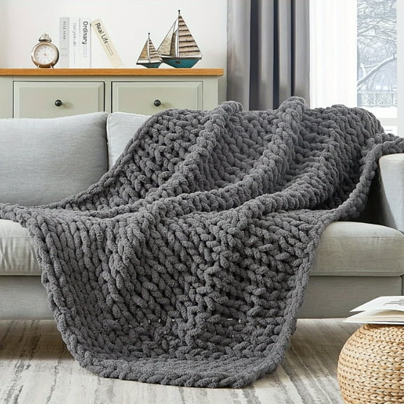 Soft, Fluffy And Comfortable, 100% Handwoven, Chunky Knit Throw Blanket, Machine Washable Crochet Blanket, Suitable For Couch Sofa Bed Home Decor, 50*60in/127*152cm, Dark Grey