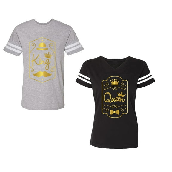 King Queen Pentagon Gold Unisex Couple Matching Cotton Jersey style T-Shirt Contrasting stripes on sleeves (Men Heather / Women Black) (Men S / Women S)