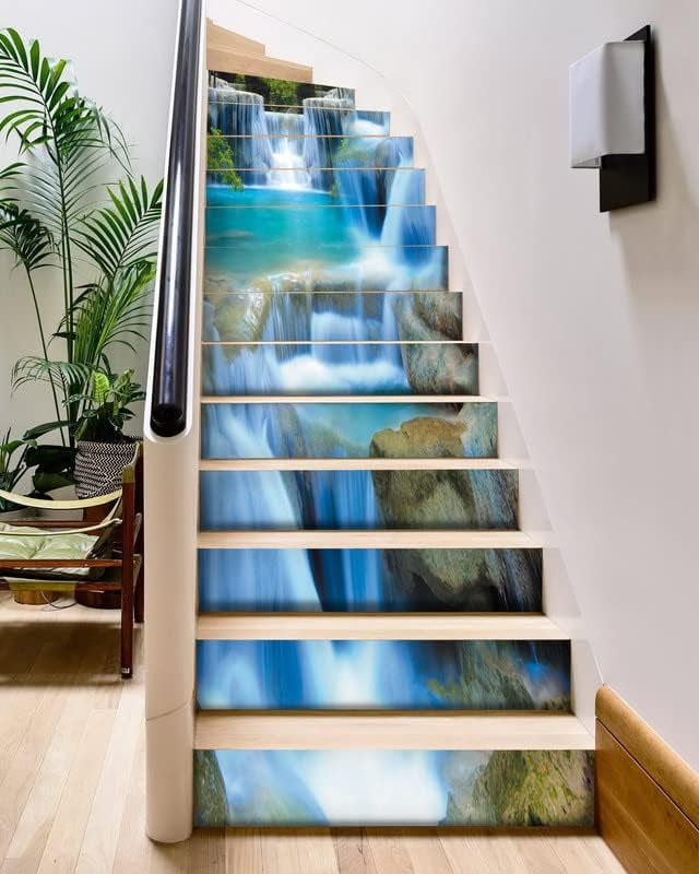 3D Stair Stickers - Landscape wall stickers steps decorative stickers, Removable Tile Decals for Stair Risers - Peel and Stick, Waterfall Design, 39.3Inch x 7.08Inch x 13Pcs