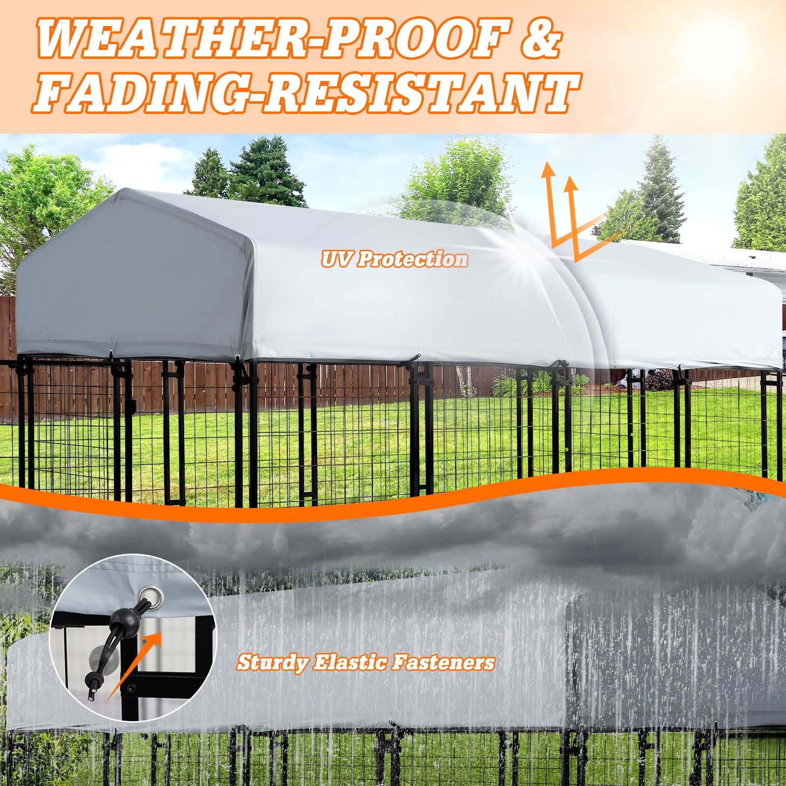 Magic Union 8x4x6 FT Outdoor Dog Kennel with Roof Cover, Heavy Duty Dog House Outside with Lockable Door, Indoor Dog Playpen Outdoor Dog Cage Pen Pet Fence with 2 Rotating Feeding Bowls for Large Dog