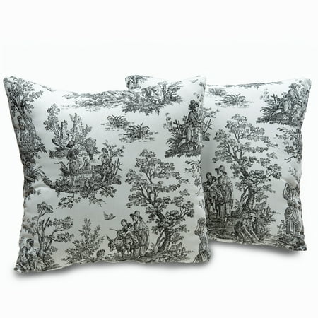 VICTOR MILL Plymouth Toile 18-inch Decorative Throw Pillows (Set of 2) Add depth and perspective to your favorite living space with this set of two  Plymouth Toile decorative throw pillows. These attractive accents feature a soft cotton cover construction and a toile-inspired pattern. Set includes: Two (2) pillows Pattern: Toile Color options: Black/white Cover closure: Sewn Edging: Knife edge Pillow shape: Square Dimensions: 18 inches wide x 18 inches long Cover: 100-percent cotton Fill: 100-percent polyester Care instructions: Dry clean The digital images we display have the most accurate color possible. However  due to differences in computer monitors  we cannot be responsible for variations in color between the actual product and your screen.