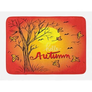 Autumn Bath Mat, Hand Drawn Fall Landscape with a Words Warm Colored Seasonal Nature Illustration, Plush Bathroom Decor Mat with Non Slip Backing, 29.5" X 17.5", Multicolor, by Ambesonne