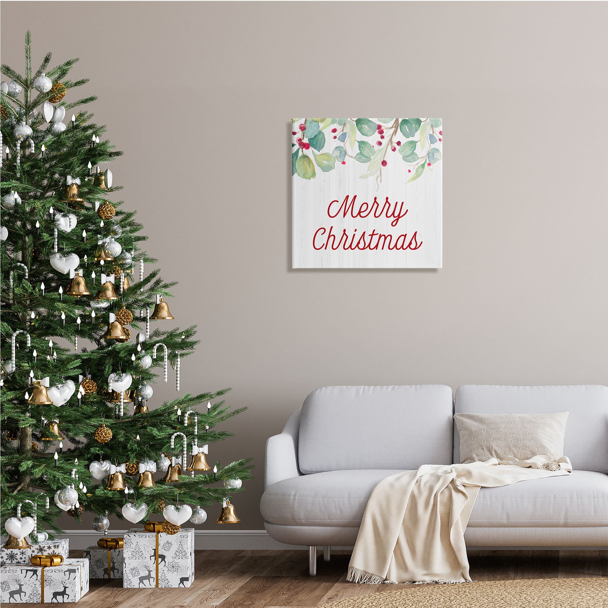 Stupell Indtries Merry Christmas Sentiment Festive Falling Red Holly Vines,24 x 24,Design by Patricia Pinto