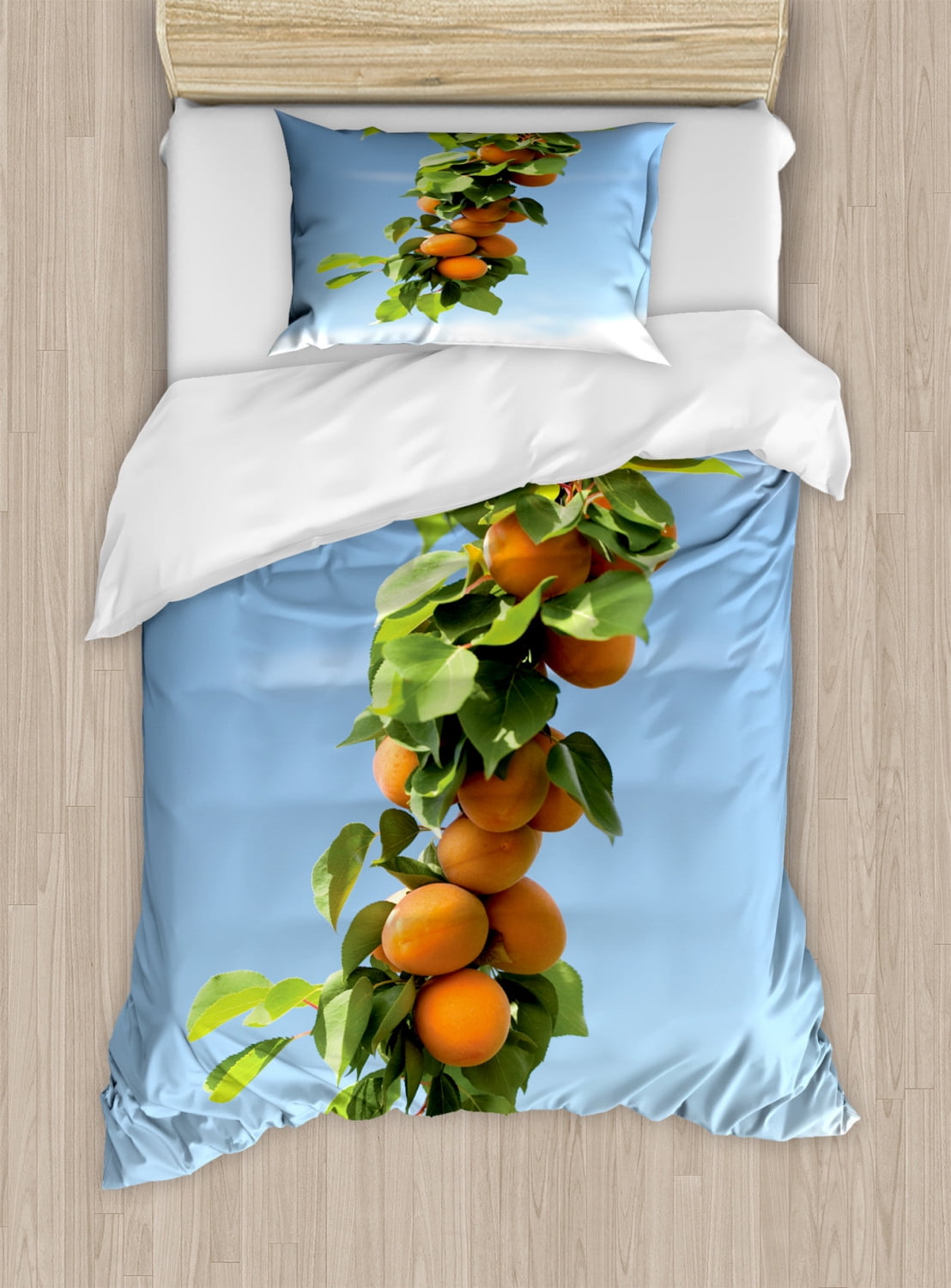 Apricot Duvet Cover Set, Ripe Apricots on Tree Green Leaves Around Blue