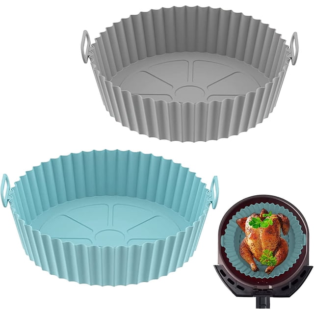 Pot en Silicone pour Friteuse à Air Chaud, Lot de 2 Doublures Réutilisables en Silicone pour Friteuse à Air, Accessoires pour Friteuse à Air, Remplacement pour Doublure en Papier Parchemin Jetable Compatible 3.5-7Qt (Bleu + Gris)