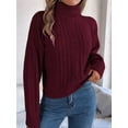 thumbnail image 3 of Women'S Sweater Round Neck Texture Button Lantern Sleeve Tops Pullover Knit Wine Red S, 3 of 8