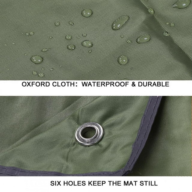 colchoneta para acampar, colchoneta para picnic en el piso de la tienda, colchoneta para dormir portátil impermeable para acampar y pícnic higoodz detalle en primer plano de tela Oxford verde con gotas de agua que muestra su acabado resistente al agua y un ojete metálico para fijar con clavija; costura visible, plegable, liviana y portátil, tamaño aprox. 215 x 215 cm, incluye bolsa de almacenamiento, apta para picnic y campamento.
